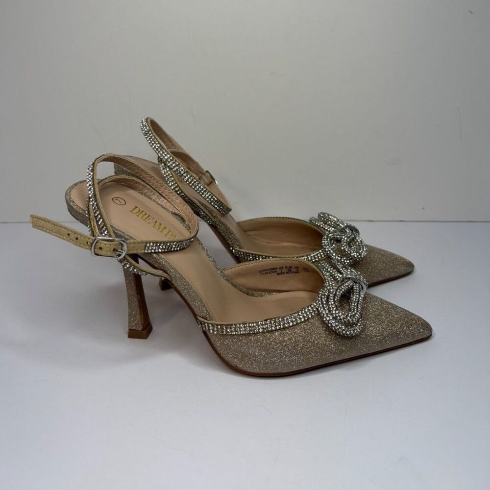 Dream Pairs Destiny Gold Glitter Stiletto Pumps Rhinestone Strap Womens - Picture 2 of 11